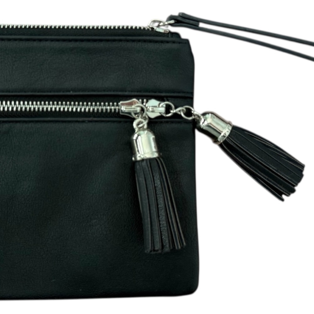Express Clutch Women's Wristlet Clutch Wallet Pouch Black Silver Zipper Tassels